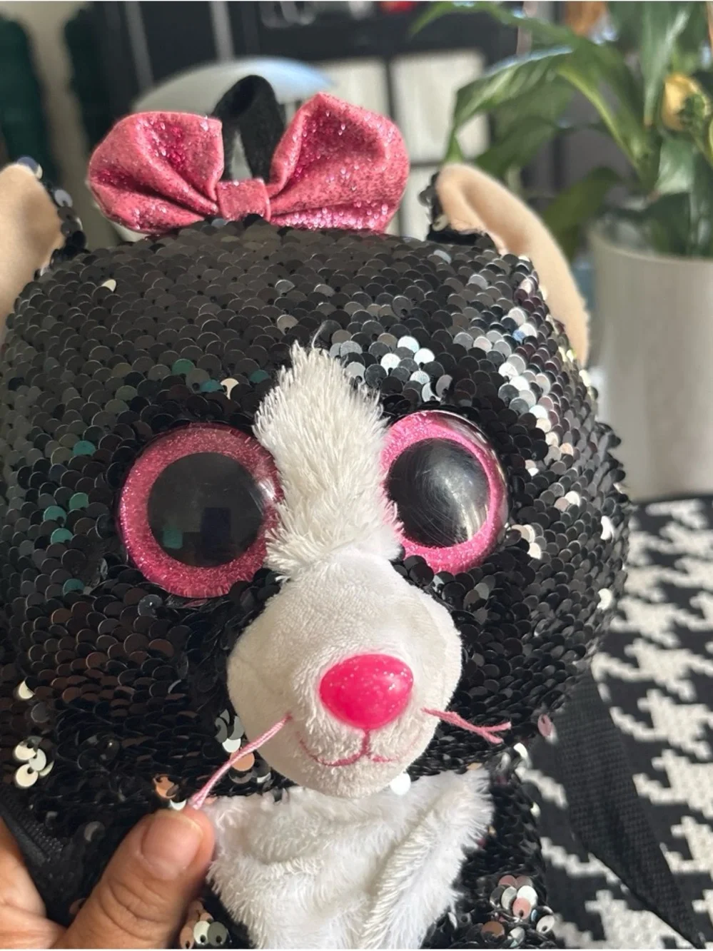 Ty Black & White Sequined Cat Kids Backpack with Pink Accents